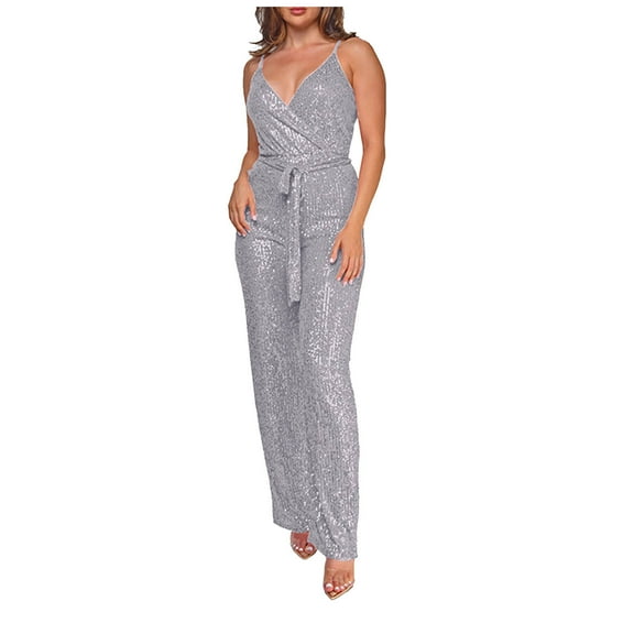 Lenpel Women's Sequin Jumpsuits Sparkly Sleeveless Wrap V Neck Spaghetti Strap Belted Straight Leg Rompers Glitter Party Club Outfits