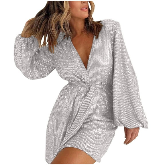 Lenpel Women's Sequin Rompers Sparkly Wrap V Neck Belted Lantern Long Sleeve Short Jumpsuits Party Club Dance Outfits