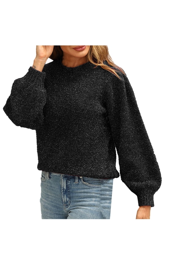 Women's Sequin Sweaters Fall Winter Lantern Long Sleeve Mock Neck Glitter Knit Sweater Tops Loose Pullover Sweaters(Black,Medium)