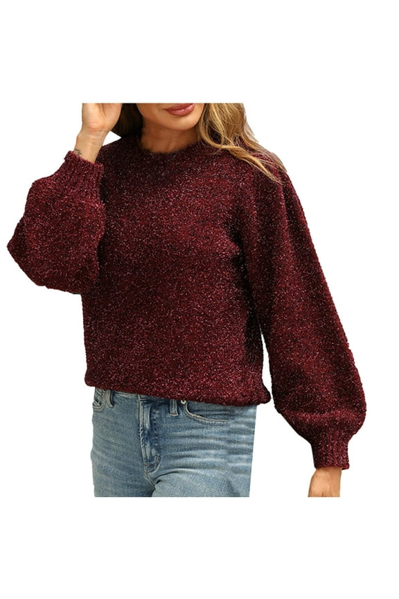 Women's Sequin Sweaters Fall Winter Lantern Long Sleeve Mock Neck Glitter Knit Sweater Tops Loose Pullover Sweaters(Wine,Medium)