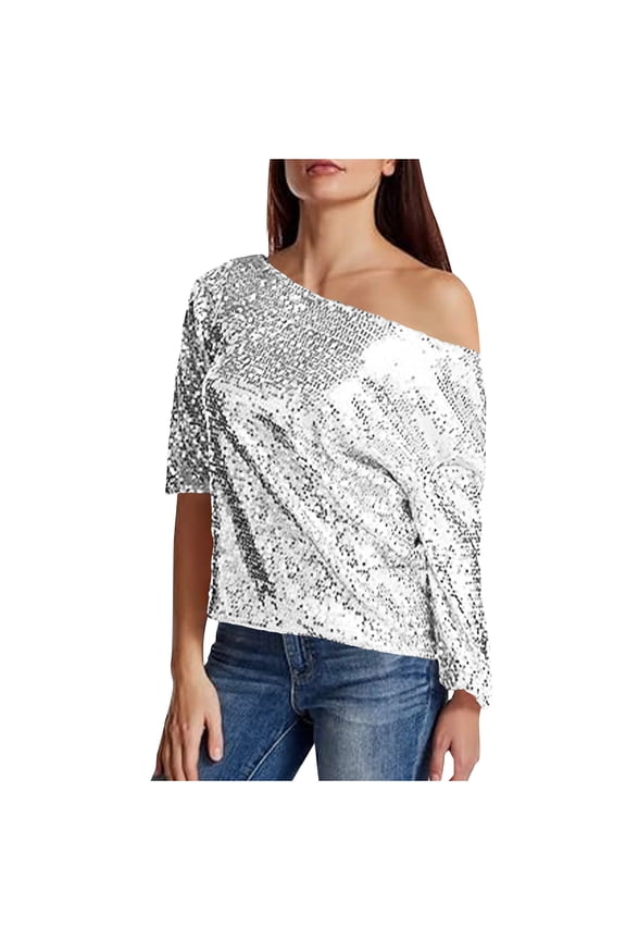 Women’s Sequin Tops 3/4 Length Sleeve Boat Neck Sparkly T Shirts Loose Tunic Tops Glitter Party Club Blouses(Silver,X-Large)