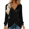 thumbnail image 1 of Lenpel Women's Sequin Velvet Tops Long Sleeve Wrap V Neck Asymmetrical Hem Ruched Slim Dressy Casual Blouses Velour Tunic Shirts(Black,Medium), 1 of 6