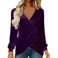 thumbnail image 1 of Lenpel Women's Sequin Velvet Tops Long Sleeve Wrap V Neck Asymmetrical Hem Ruched Slim Dressy Casual Blouses Velour Tunic Shirts(Purple,Small), 1 of 6
