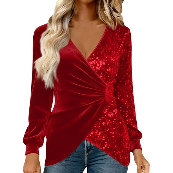 Lenpel Women's Sequin Velvet Tops Long Sleeve Wrap V Neck Asymmetrical Hem Ruched Slim Dressy Casual Blouses Velour Tunic Shirts(Red,Large)