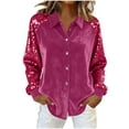 thumbnail image 1 of Lenpel Women's Sequin Velvet Tops Sparkly Long Sleeve Collared Glitter Patchwork Button down Shirts Dressy Casual Party Blouses(Hot Pink,Large), 1 of 6