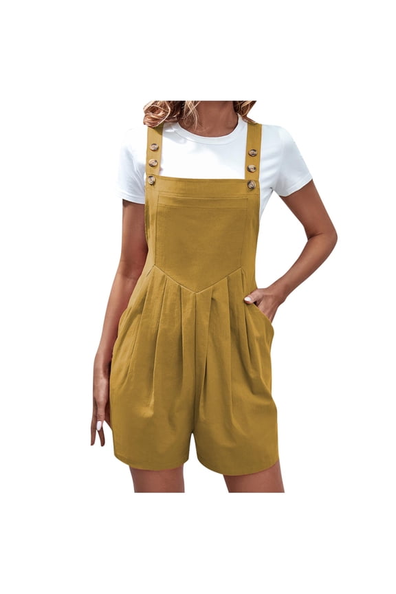 Women's Short Overalls Cotton Adjustable Strap Pleated Casual Loose Sleeveless Jumpsuits Summer Rompers with Pockets