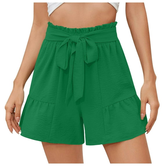 Lenpel Women's Shorts Trendy Summer Ruffle Elastic High Waisted Tie Front Pleated Wide Leg Shorts Casual Beach Shorts