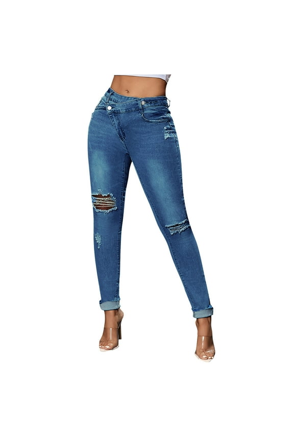 Women's Skinny Ripped Jeans Fashion Crossover Mid Waisted Butt Lifting Stretchy Jeans Slim Denim Pants