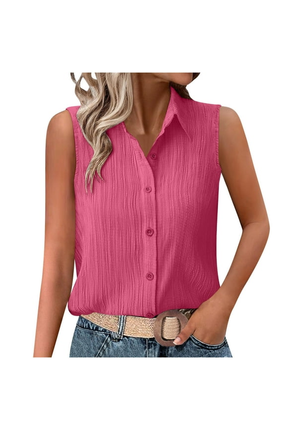 Women's Sleeveless Button down Shirts Trendy Summer Solid Color Textured Collared Blouses Casual Tank Tops