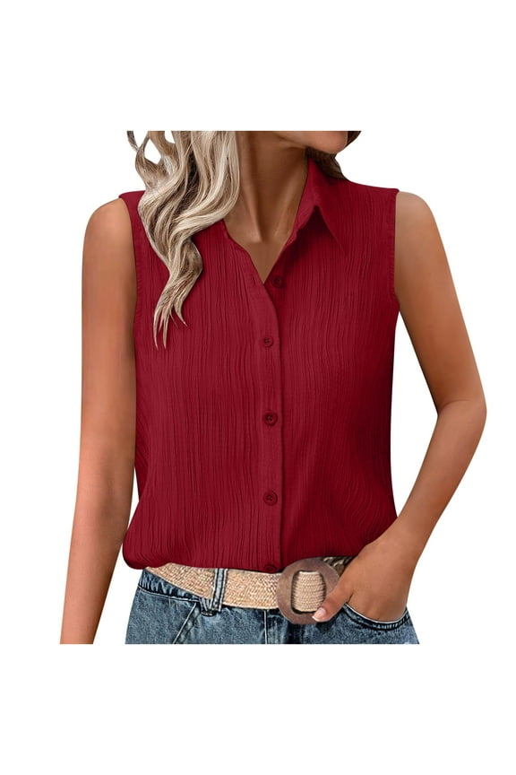 Women's Sleeveless Button down Shirts Trendy Summer Solid Color Textured Collared Blouses Casual Tank Tops