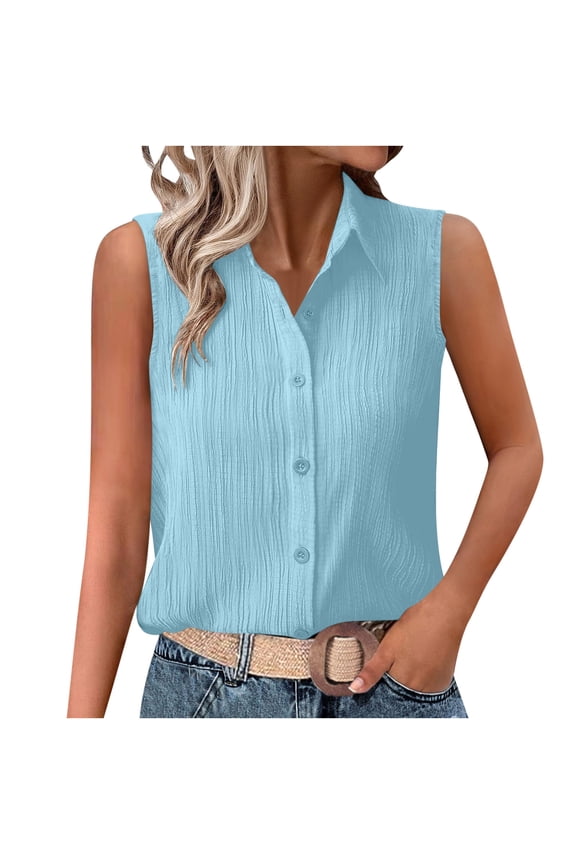 Women's Sleeveless Button down Shirts Trendy Summer Solid Color Textured Collared Blouses Casual Tank Tops