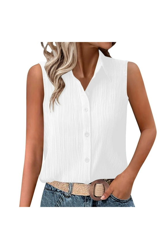 Women's Sleeveless Button down Shirts Trendy Summer Solid Color Textured Collared Blouses Casual Tank Tops