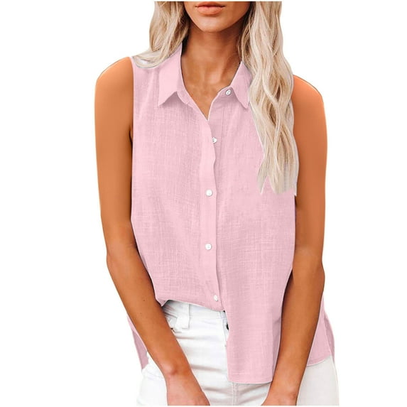 Lenpel Women's Sleeveless Button down Shirts Collared Side Split Business Casual Cotton Linen Tank Tops Summer Tunic Blouses