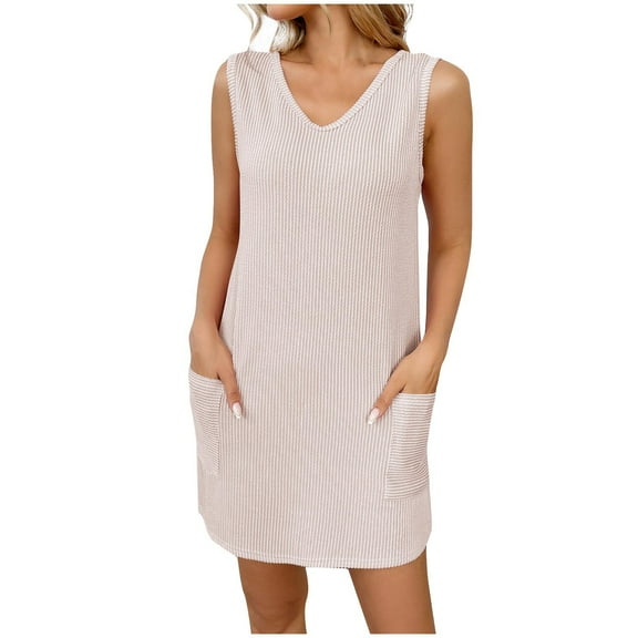 Lenpel Women's Sleeveless Mini Dress Summer Casual V Neck Striped Textured Tank Dress Tunic Short Dress with Pockets