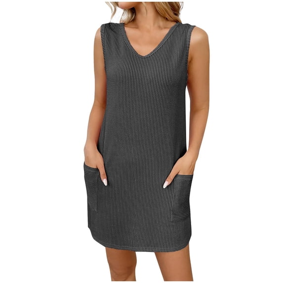Lenpel Women's Sleeveless Mini Dress 2025 Summer Casual V Neck Striped Textured Tank Dress Tunic Short Dress with Pockets