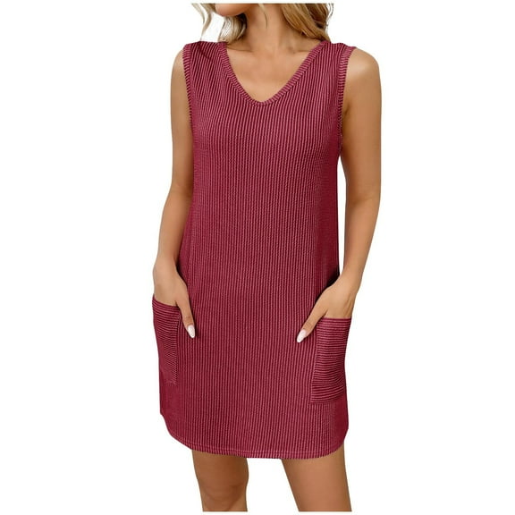 Lenpel Women's Sleeveless Mini Dress Summer Casual V Neck Striped Textured Tank Dress Tunic Short Dress with Pockets