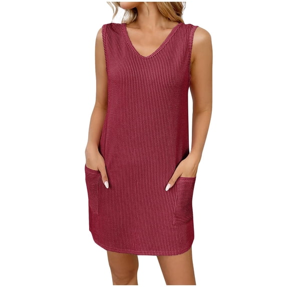 Lenpel Women's Sleeveless Mini Dress Summer Casual V Neck Striped Textured Tank Dress Tunic Short Dress with Pockets