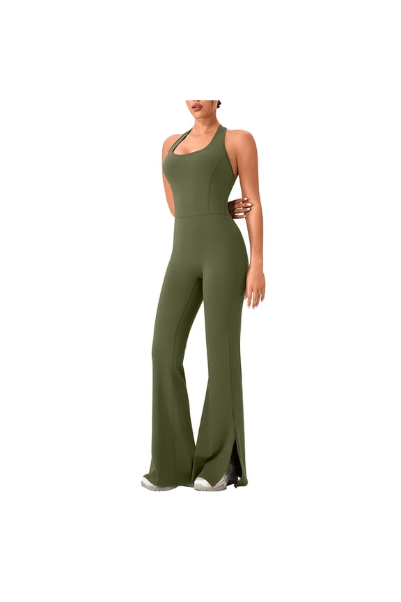 Women's Sleeveless Workout Jumpsuits Square Neck Flare Leg Side Split Bodysuits Full Length Yoga Rompers