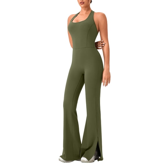 Lenpel Women's Sleeveless Workout Jumpsuits Square Neck Flare Leg Side Split Bodysuits Full Length Yoga Rompers