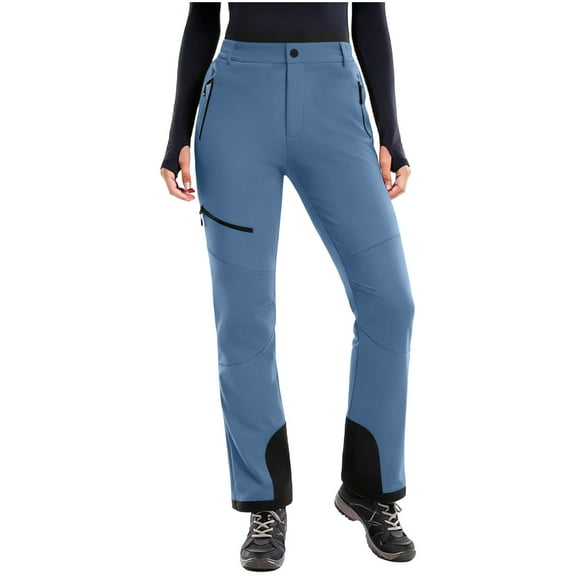 Lenpel Women's Snow Pants Fleece Lined Color Block Waterproof Outdoor Ski Hiking Pants Winter Warm Trousers with Zipper Pockets(Blue,Small)