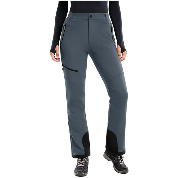 Lenpel Women's Snow Pants Fleece Lined Color Block Waterproof Outdoor Ski Hiking Pants Winter Warm Trousers with Zipper Pockets(Gray,XX-Large)