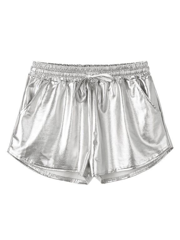 Women's Sparkly Shorts Elastic Waist Drawstring Shinny Dance Shorts Concert Party Shorts with Pockets