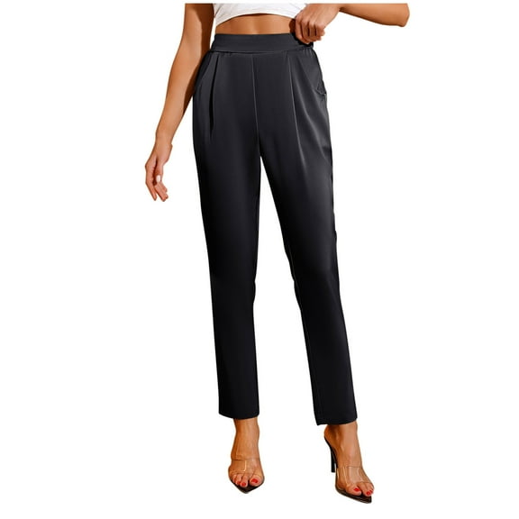 Lenpel Women's Straight Leg Dress Pants Elastic High Waisted Pull on Business Casual Office Trousers Solid Work Pants