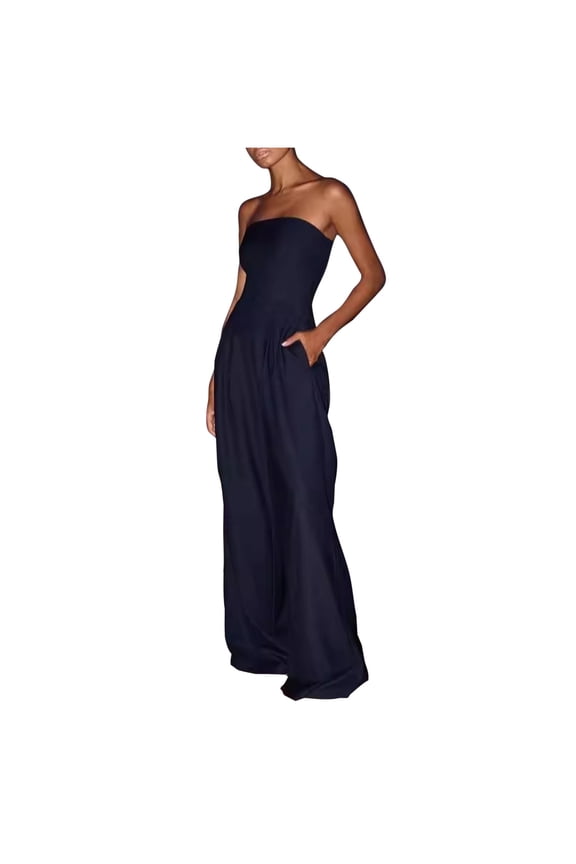 Women's Strapless Jumpsuits off Shoulder Sleeveless Tube Top Pleated Wide Leg Rompers Casual Summer Outfits