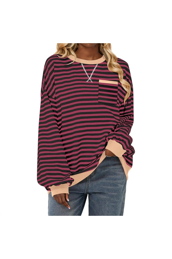 Women's Striped Sweatshirts Loose Long Sleeve Crew Neck Color Block Pullover Tops Trendy Fall Clothes