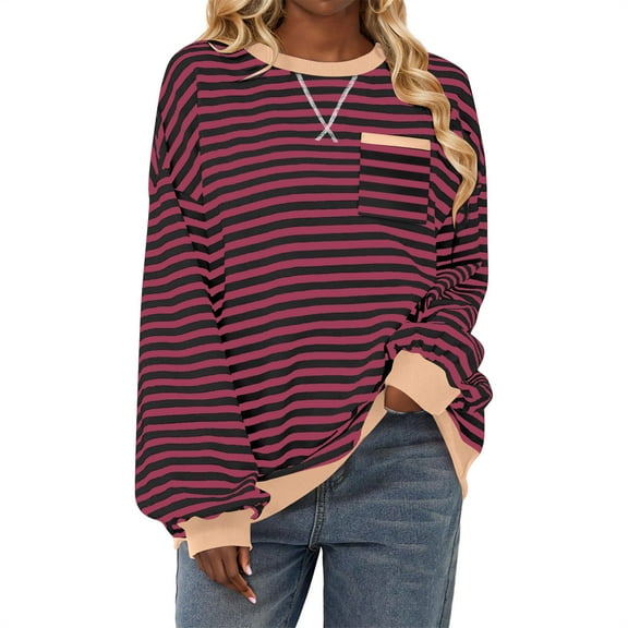 Lenpel Women's Striped Sweatshirts Loose Long Sleeve Crew Neck Color Block Pullover Tops Trendy Fall Clothes