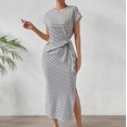 thumbnail image 1 of Lenpel Women's Summer Bodycon Dresses Striped Cap Sleeve Crew Neck Tie Side Split Slim Midi Dress Casual Pencil Dresses, 1 of 7