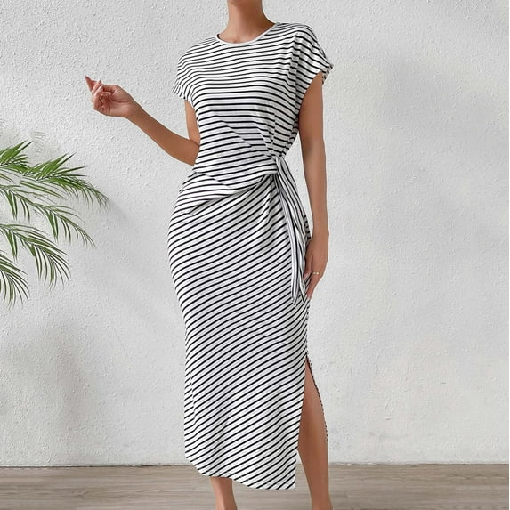 Lenpel Women's Summer Bodycon Dresses Striped Cap Sleeve Crew Neck Tie Side Split Slim Midi Dress Casual Pencil Dresses