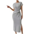 thumbnail image 1 of Lenpel Women's Summer Bodycon Dresses Striped Cap Sleeve Crew Neck Tie Side Split Slim Midi Dress Casual Pencil Dresses, 1 of 7