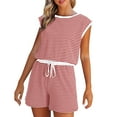 thumbnail image 1 of Lenpel Women's Summer Casual Rompers Cap Sleeve Crew Neck Striped Short Jumpsuits Lounge Overalls with Pockets, 1 of 4