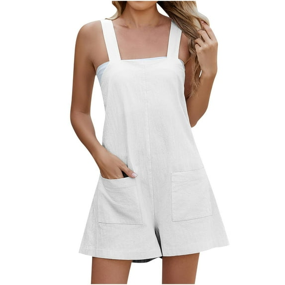 Lenpel Women's Summer Casual Rompers Sleeveless Square Neck Adjustable Strap Wide Leg Jumpsuits Loose Overall Shorts with Pockets