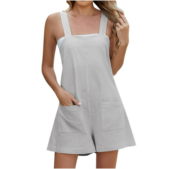 Lenpel Women's Summer Casual Rompers Sleeveless Square Neck Adjustable Strap Wide Leg Jumpsuits Loose Overall Shorts with Pockets