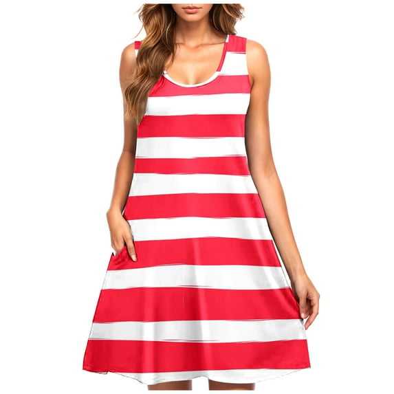 Lenpel Women's Summer Dresses Casual Sleeveless Scoop Neck Striped Knee Length Tank Dress Midi T Shirt Dress with Pocket