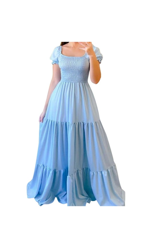 Women's Summer Dresses Puff Short Sleeve Square Neck Ruched Tiered Maxi Dress Casual Long Dresses