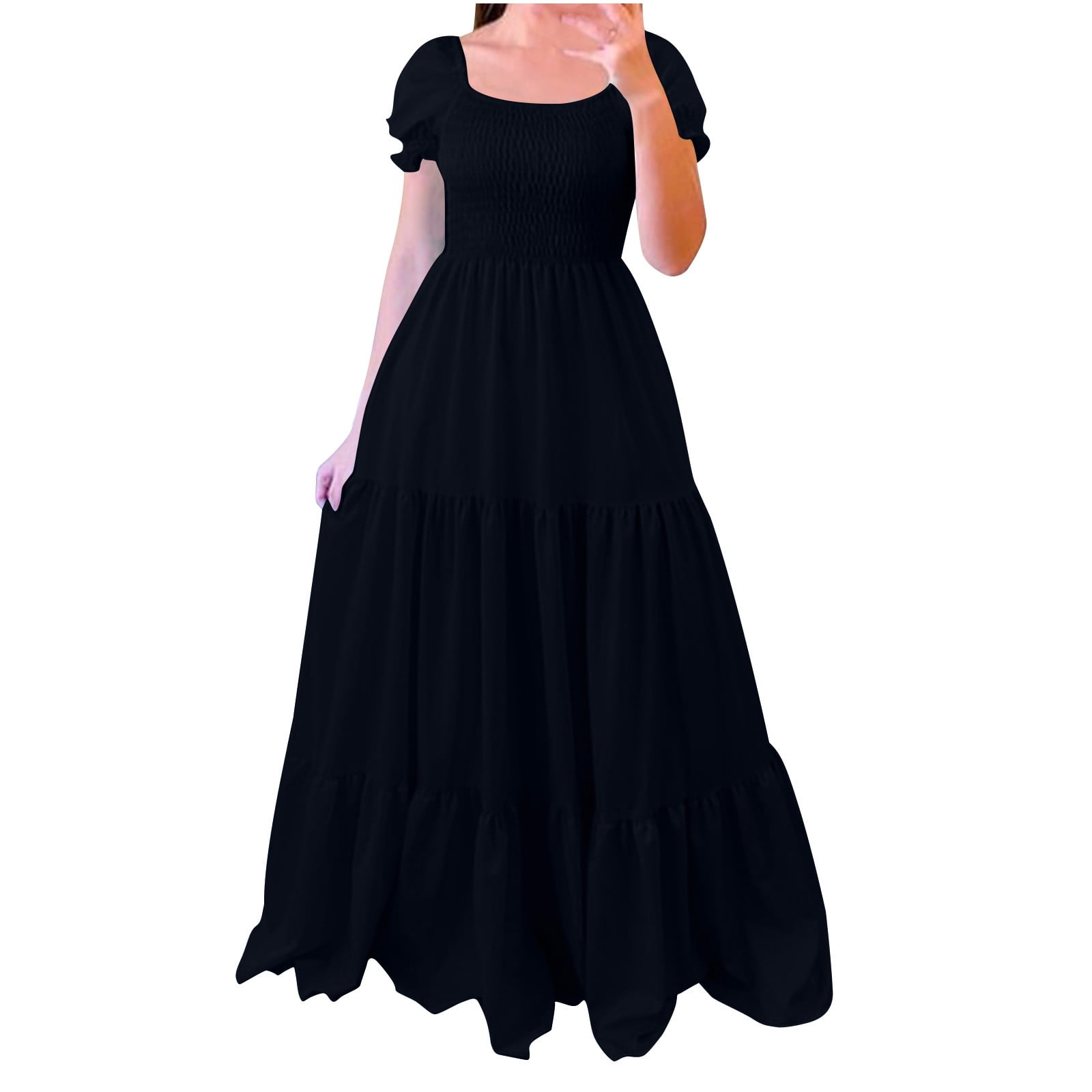 Lenpel Women's Summer Dresses Puff Short Sleeve Square Neck Ruched Tiered Maxi Dress Casual Long Dresses