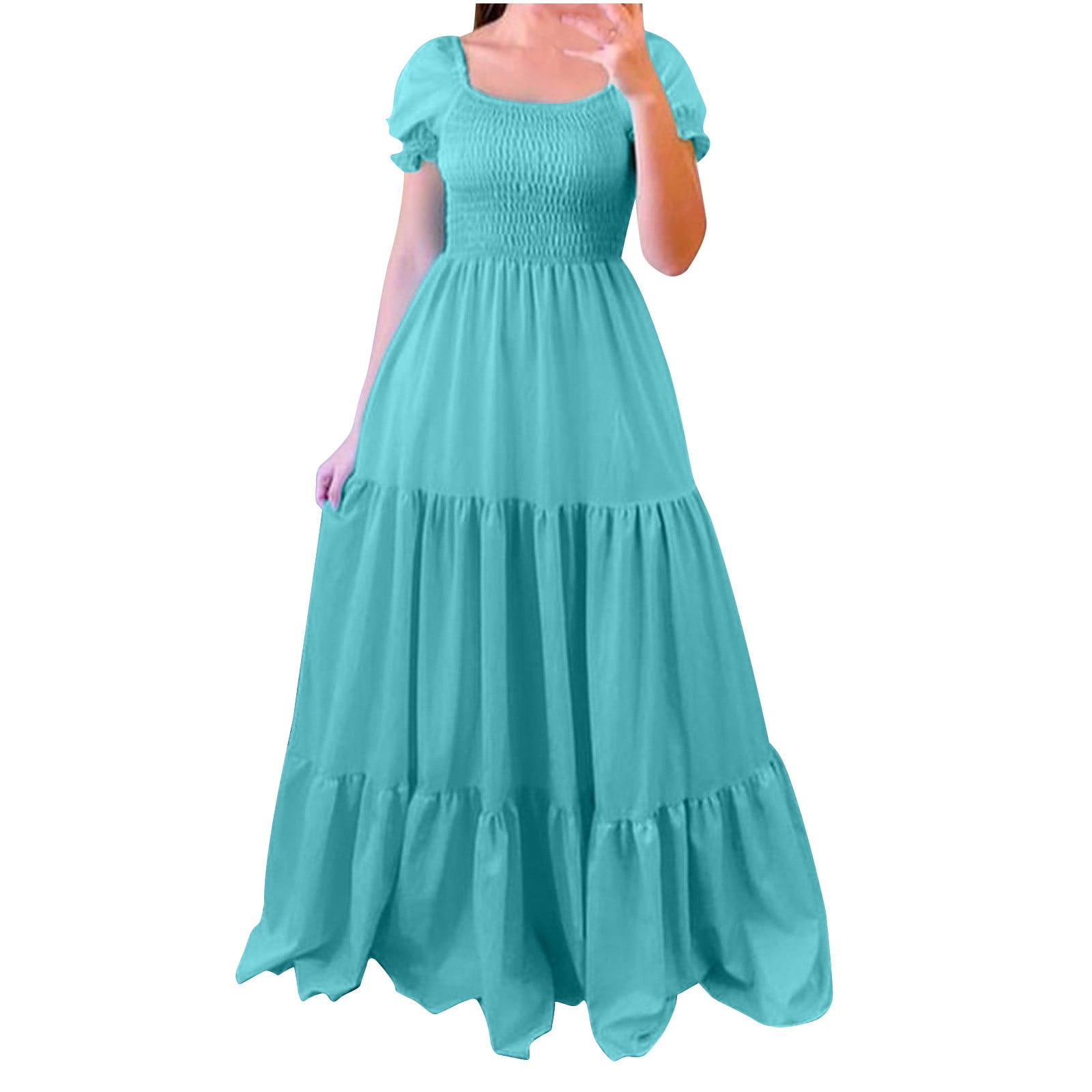 Lenpel Women's Summer Dresses Puff Short Sleeve Square Neck Ruched Tiered Maxi Dress Casual Long Dresses