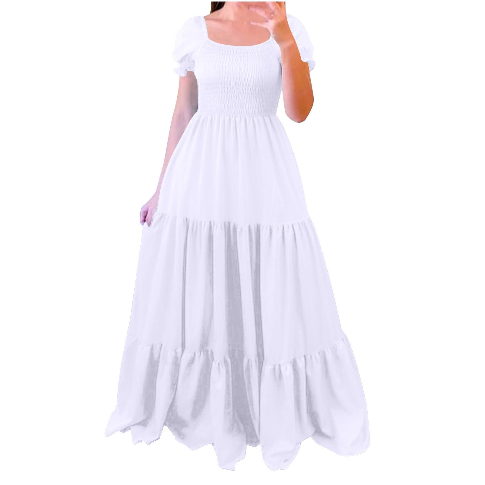 Lenpel Women's Summer Dresses Puff Short Sleeve Square Neck Ruched Tiered Maxi Dress Casual Long Dresses
