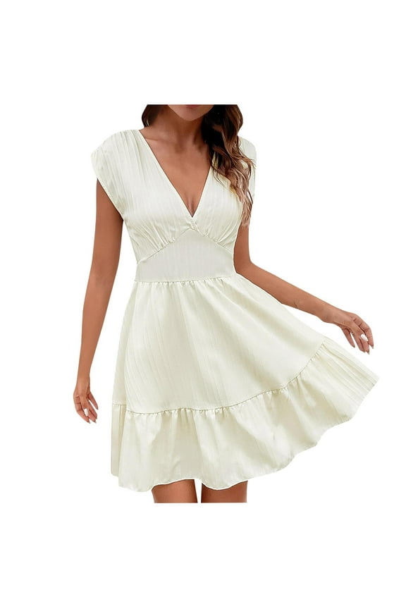 Women's Summer Mini Dress Cap Sleeve Deep V Neck Halter Tiered Babydoll Dress Casual A-Line Dresses