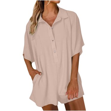 Lenpel Women's Summer Rompers Trendy Half Sleeve Button Collared Casual Jumpsuits Loose Overall Shorts with Pockets