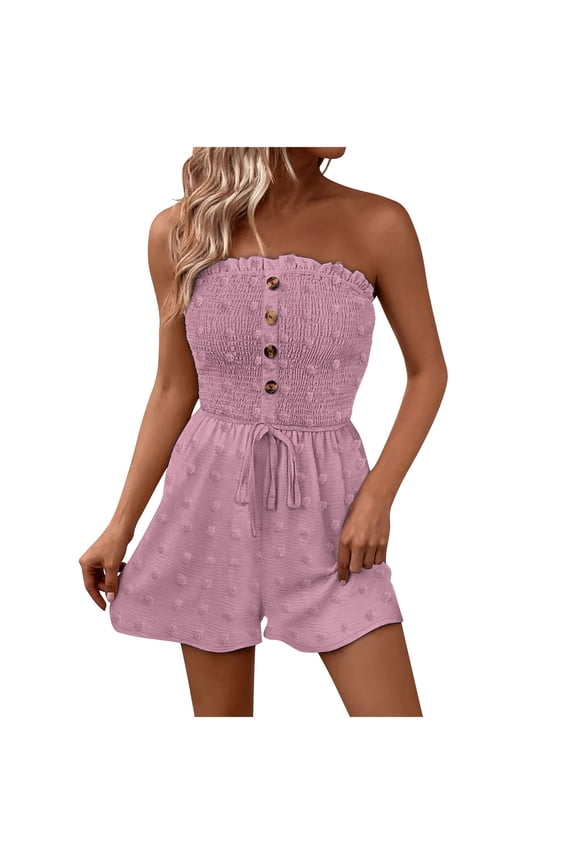 Women's Summer Rompers Casual Strapless Button Front Textured Tube Top Short Jumpsuits Summer Casual Overall Shorts