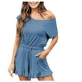 thumbnail image 1 of Lenpel Women's Summer Rompers Short Sleeve Boat Neck Tie Waist Ruffle Hem Wide Leg Casual Jumpsuits Loose Overall Shorts, 1 of 7