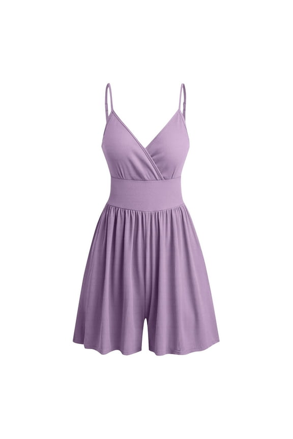 Women's Summer Rompers Sleeveless Spaghetti Strap Wrap V Neck Ribbed Wide Leg Jumpsuits Casual Overall Shorts with Pockets