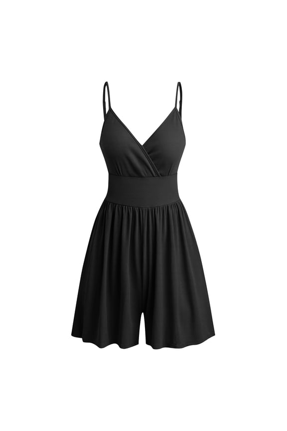 Women's Summer Rompers Sleeveless Spaghetti Strap Wrap V Neck Ribbed Wide Leg Jumpsuits Casual Overall Shorts with Pockets