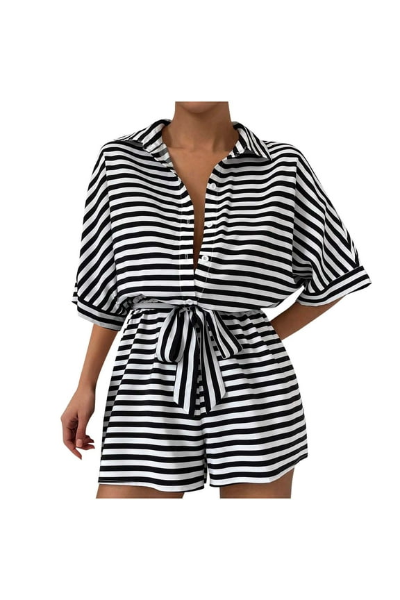 Women's Summer Rompers Striped Half Sleeve Collared Button Front Tie Waist Short Jumpsuits Loose Casual Overalls