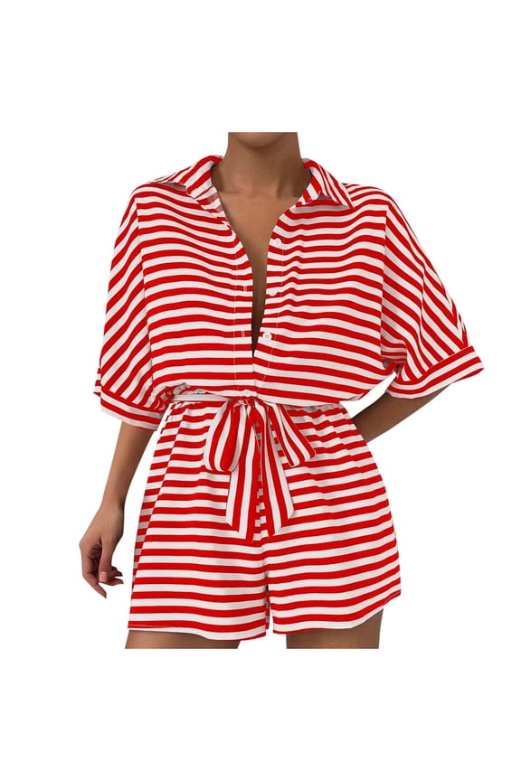 Women's Summer Rompers Striped Half Sleeve Collared Button Front Tie Waist Short Jumpsuits Loose Casual Overalls