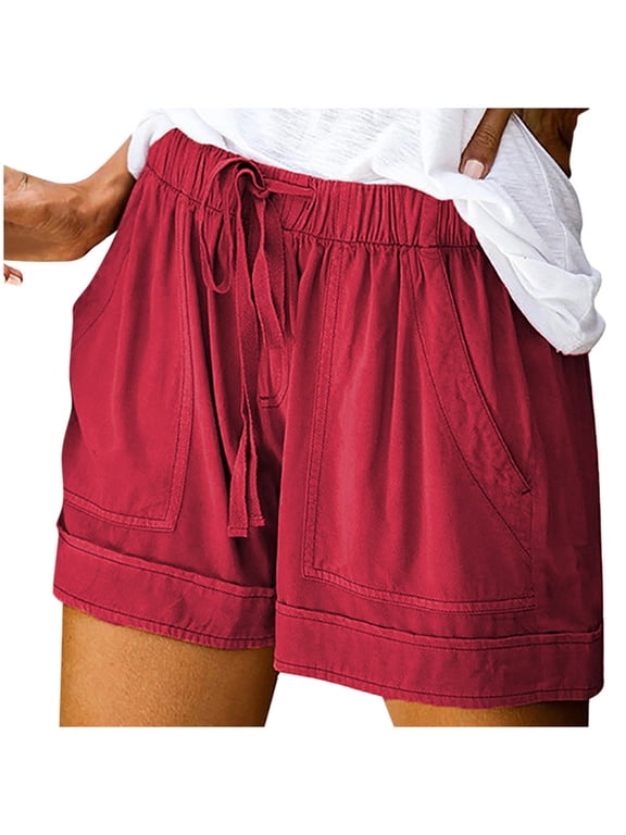 Women's Summer Shorts Comfy Elastic High Waisted Drawstring Plus Size Casual Shorts Lightweight Beach Shorts with Pockets